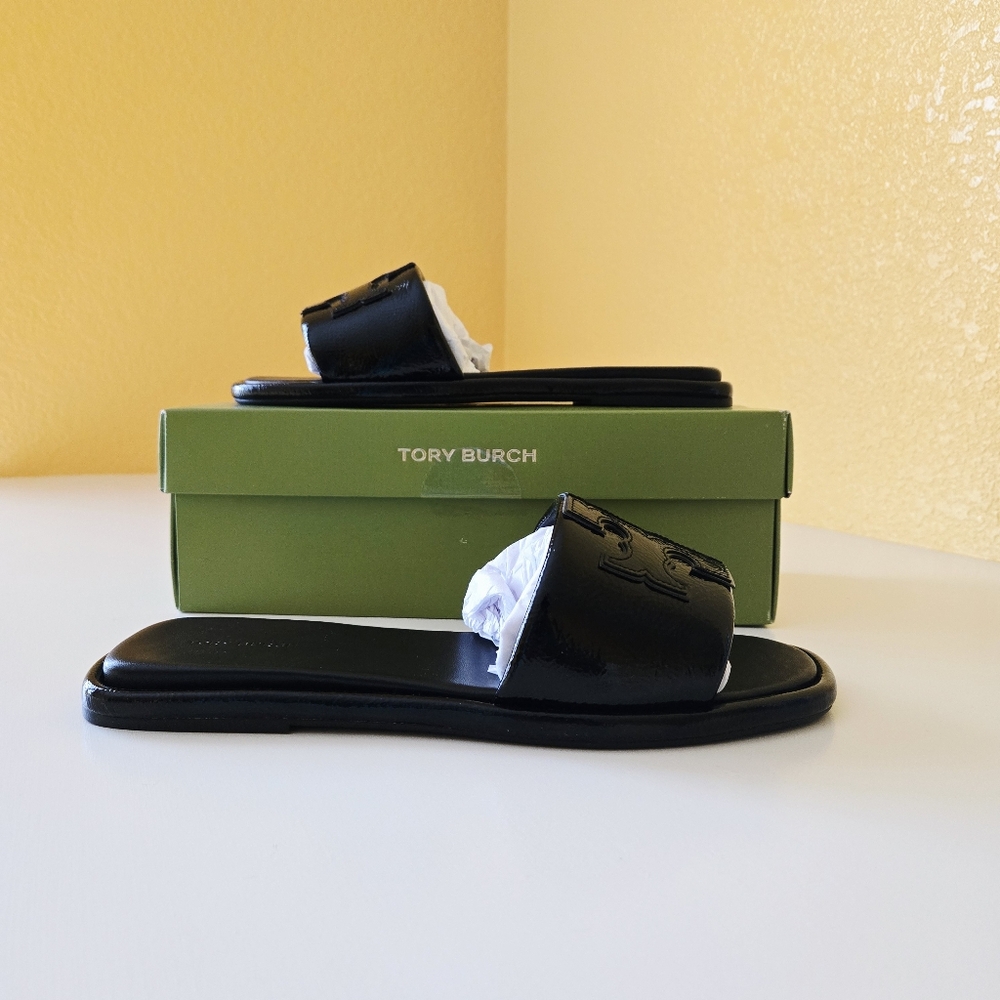 Tory Burch “Double T Sport Slide Sandals” Patent Leather (Perfect Black) Size 10 - Picture 5 of 13